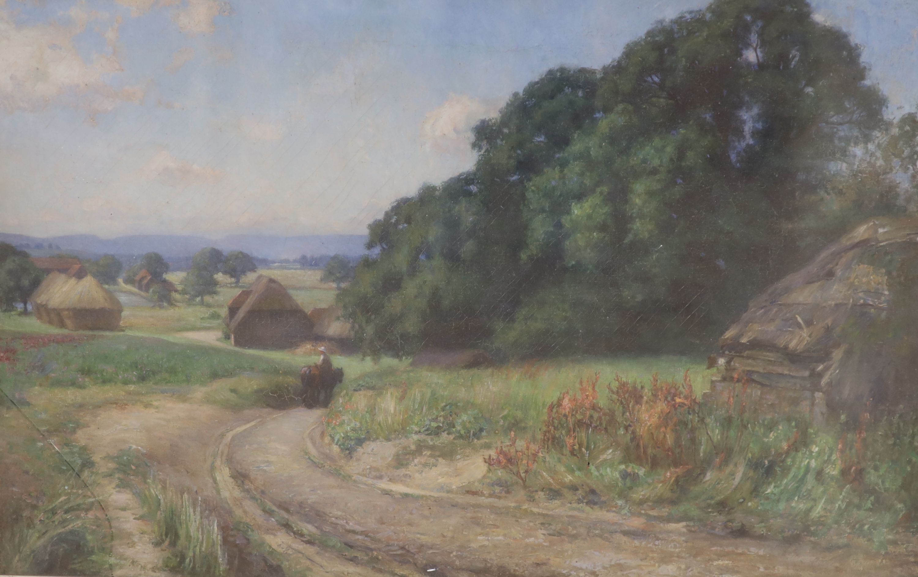 Grace Elliott (exh.1906-1918), oil on canvas, South England landscape, 59 x 90cm